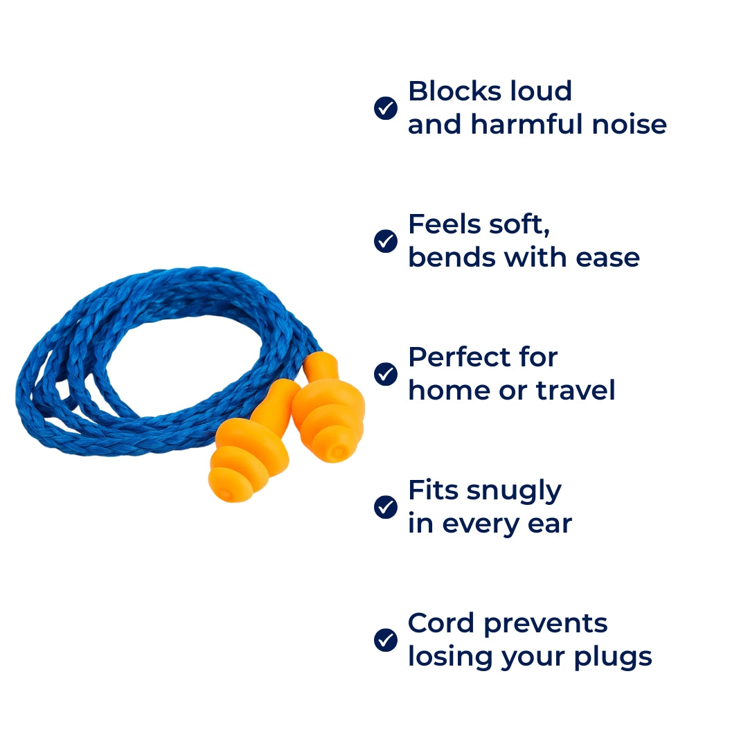 QuietCord | 10pcs Corded Silicone Earplugs – Noise Reduction – Soft Reusable Silicone – Hearing Protection At Work Sleep Study And Travel