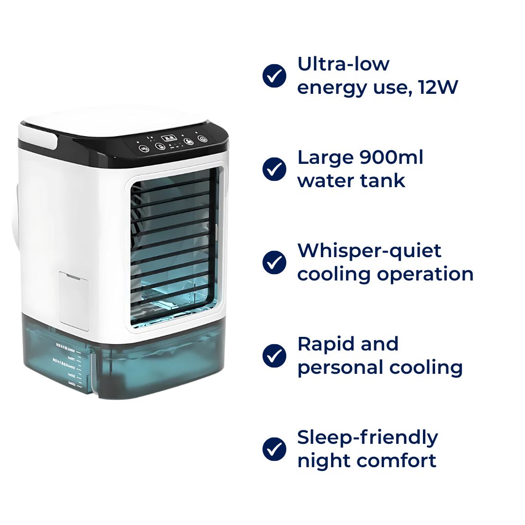 CoolEase | Portable Air Cooler – Quiet 12W Cooling Fan – 900ml Tank – Energy Saving – Bedroom Desk Use – Fast Cooling – Sleep Comfort