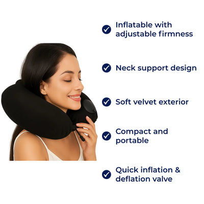 TravelThrive | Inflatable Travel Neck Pillow – Adjustable Firmness – Soft Velvet Cover – Neck Pain Relief – Compact for All Journeys