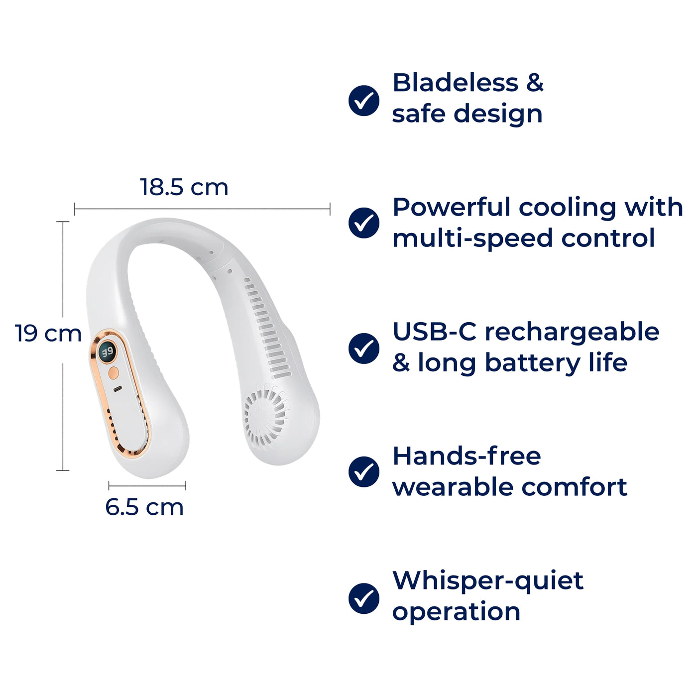 CoolEase | Portable Neck Fan – Hands‑Free Bladeless Cooling – Five‑Speed USB‑C – Travel Office Commuters