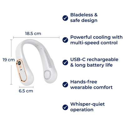 CoolEase | Portable Neck Fan – Hands‑Free Bladeless Cooling – Five‑Speed USB‑C – Travel Office Commuters