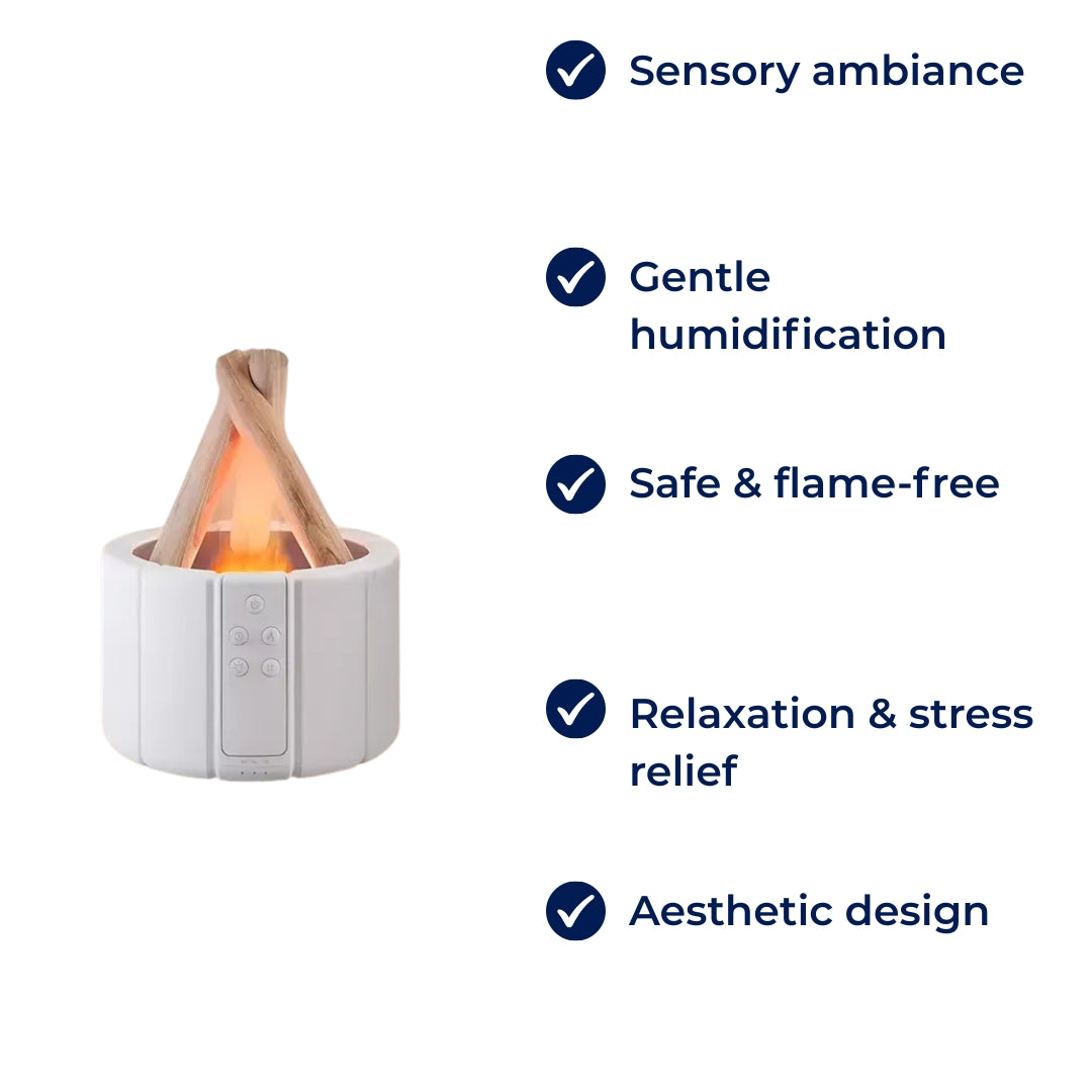 AuraFlame | Decorative Flame Diffuser – Quiet Ultrasonic Humidifier – LED Light – Aromatherapy for Sleep & Stress Relief
