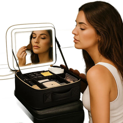 GlamOrganize | Makeup & Toiletry Bag - Cosmetic Organiser - LED Mirror - Compact Storage for Makeup and Skincare - Travel-Friendly