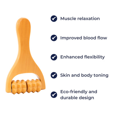 WoodEase | Handheld Massage Roller – Deep Muscle Relief – Natural Wood Finish – Back Legs & Arms