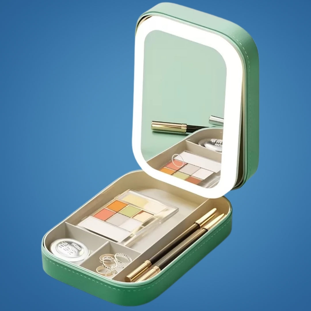 GlowSpace | Makeup Storage Box – LED Light Mirror – Adjustable Angle – Organiser for Beauty Lovers – Bright Lighting for Flawless Look