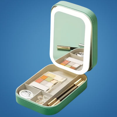 GlowSpace | Makeup Storage Box – LED Light Mirror – Adjustable Angle – Organiser for Beauty Lovers – Bright Lighting for Flawless Look