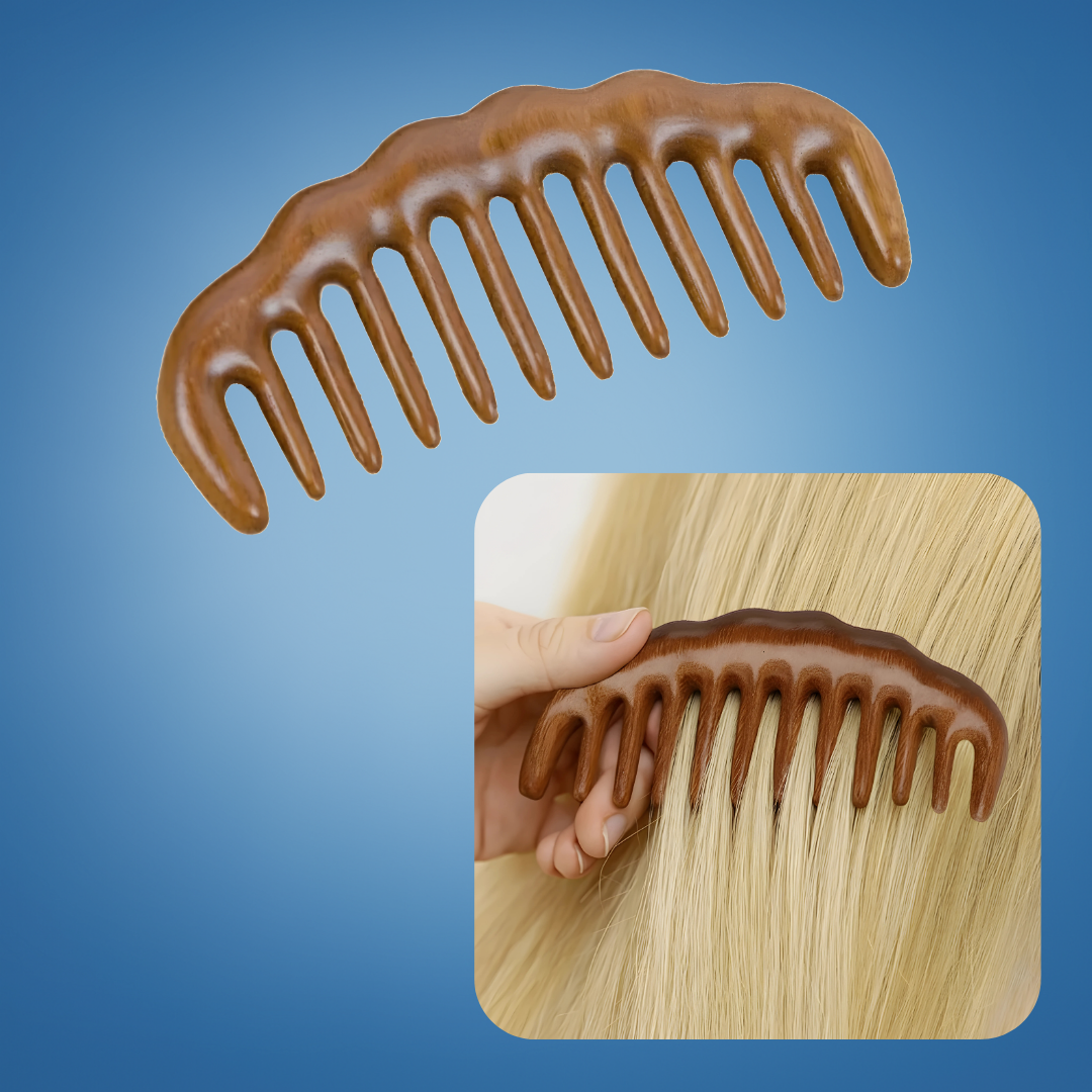 SandalSilk | Wooden Wide-Tooth Hair Comb – Breakage-Free Detangling – Golden Sandalwood – Anti-Static – Gentle Scalp Massage – Healthy Shine