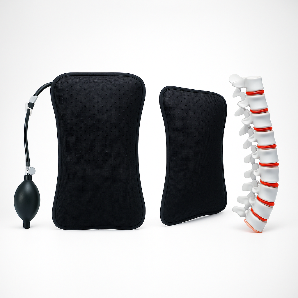 BackEase | Inflatable Lumbar Support Pillow – Spine Alignment – Adjustable Firmness – Back Pain Relief – Office Travel Car Seat Support