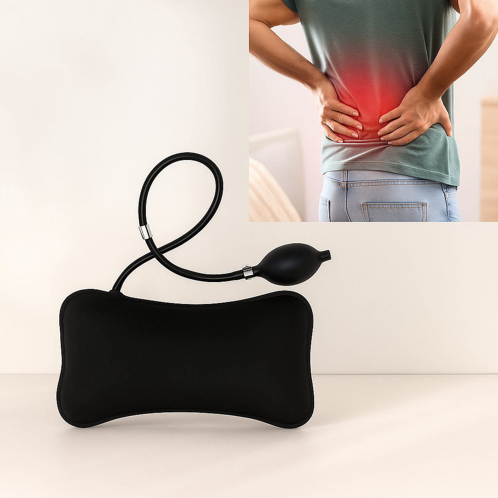 BackEase | Inflatable Lumbar Support Pillow – Spine Alignment – Adjustable Firmness – Back Pain Relief – Office Travel Car Seat Support