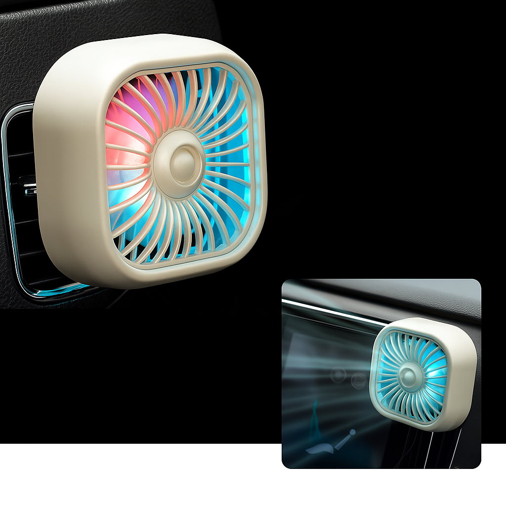 CoolGlow | USB Car Fan – 3-Speed Cooling – Colour-Changing LED Lights – Soft Rubber Vent Clip – Drivers & Passengers Summer Comfort