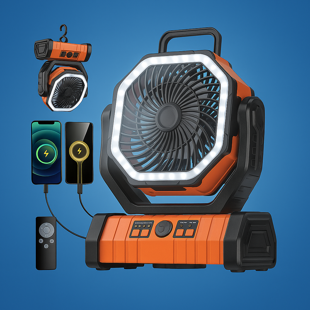 AirLumin | Portable Hangable Air Cooler – Extra Long Battery & Remote Control – LED Light & 20000 mAh Capacity – Camping & Patio Use
