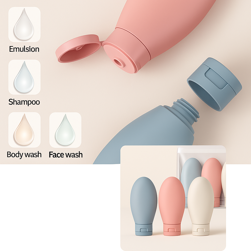 EcoVoyage Kit | Travel Cosmetic Bottle Set – Leak-Proof Silicone – 60 ml Refillable – Ideal for Carry-On Trips