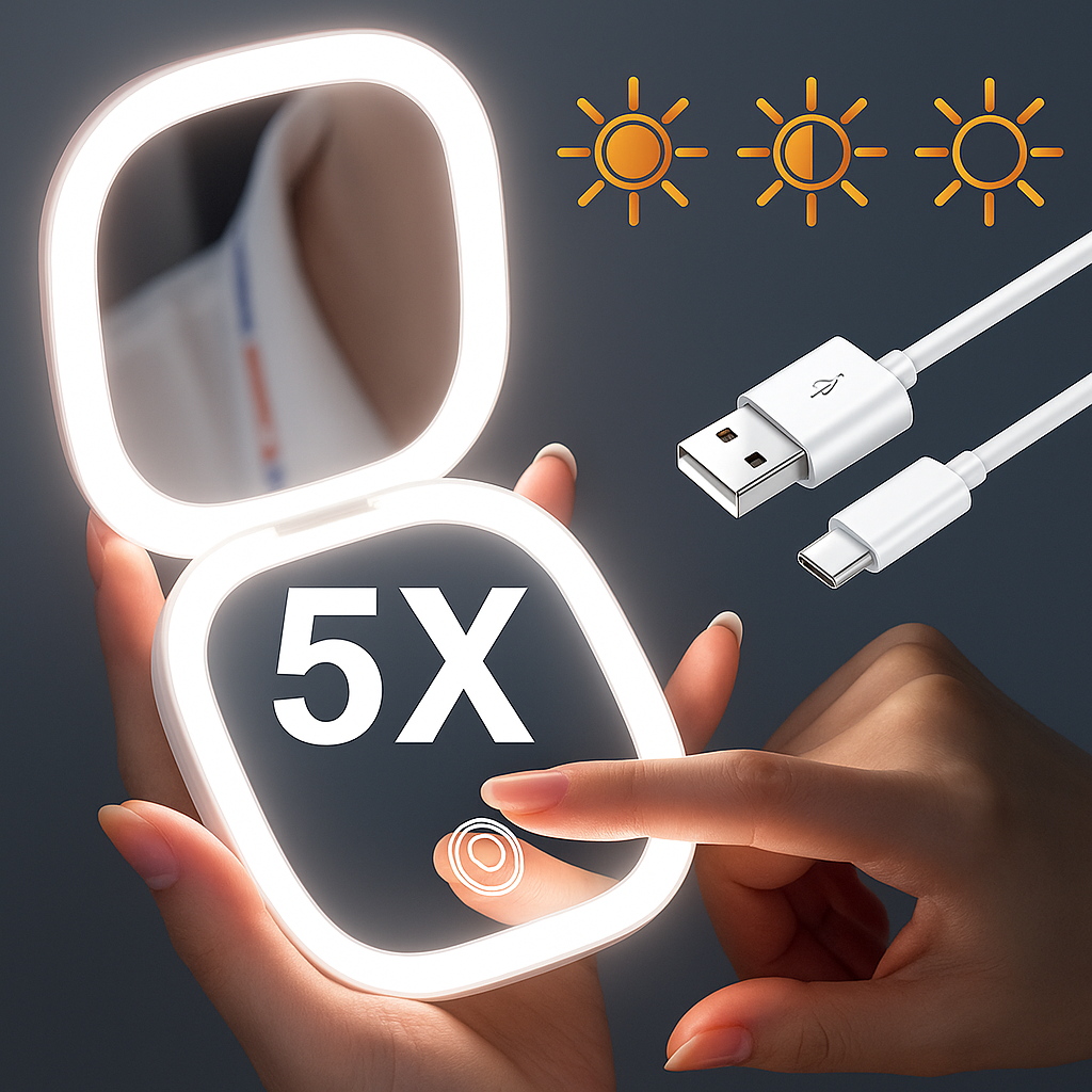 GlowFold | Light Up Makeup Mirror – Adjustable LED Brightness – Compact Folding Double-Sided – Travel & Home Use