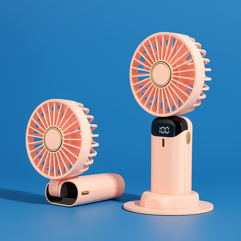 AeroChill | Mini Handheld Fan – Long-Life Battery – Quiet 5-Speed Airflow – Ideal for Travel & Desk Use