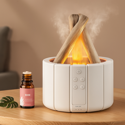 AuraFlame | Decorative Flame Diffuser – Quiet Ultrasonic Humidifier – LED Light – Aromatherapy for Sleep & Stress Relief