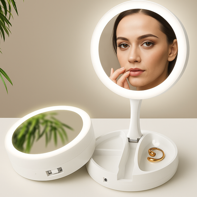 LumiLens | Double-Sided Magnifying Mirror – LED Illumination – 10× Magnification – Makeup & Tweezing