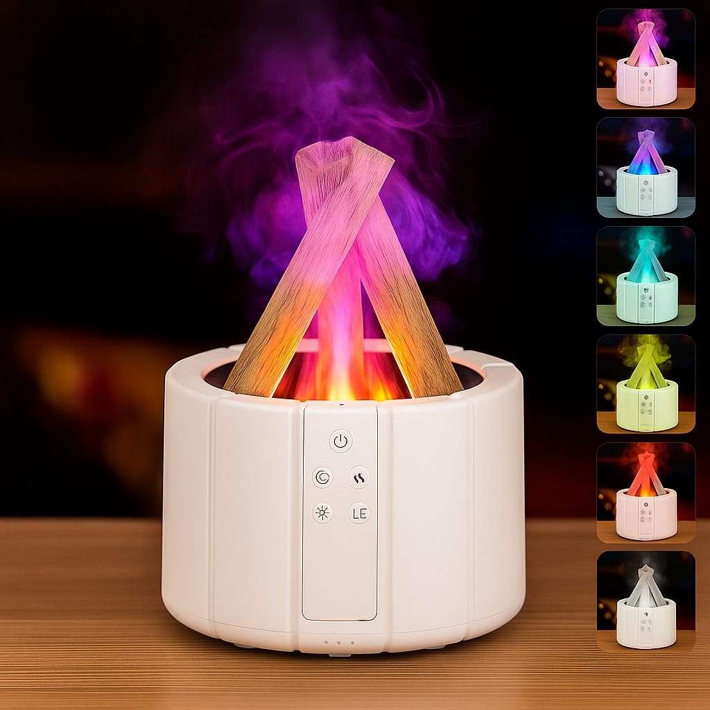 AuraFlame | Decorative Flame Diffuser – Quiet Ultrasonic Humidifier – LED Light – Aromatherapy for Sleep & Stress Relief