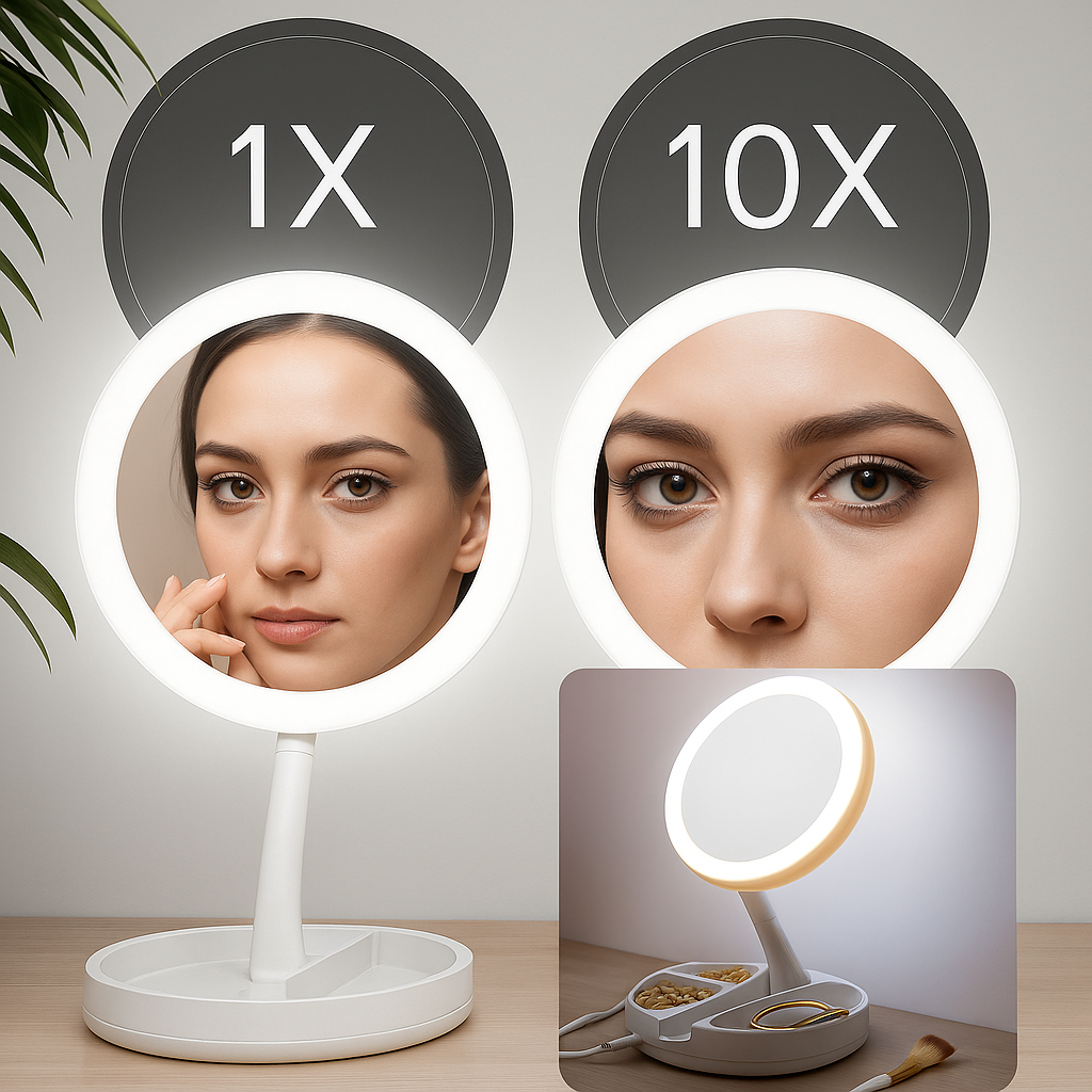 LumiLens | Double-Sided Magnifying Mirror – LED Illumination – 10× Magnification – Makeup & Tweezing