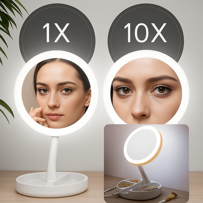 LumiLens | Double-Sided Magnifying Mirror – LED Illumination – 10× Magnification – Makeup & Tweezing