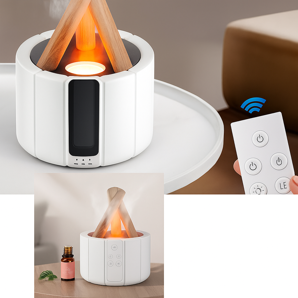 AuraFlame | Decorative Flame Diffuser – Quiet Ultrasonic Humidifier – LED Light – Aromatherapy for Sleep & Stress Relief