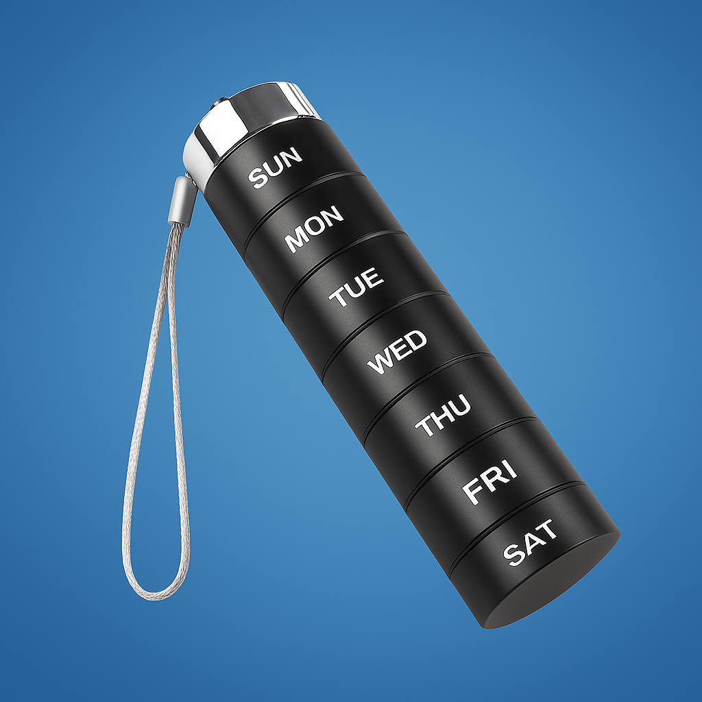 DoseGuard | Weekly Pill Organiser – Moisture-Proof Metal Case – 7-Day Clear Label Design – Travel Friendly for Adults & Seniors