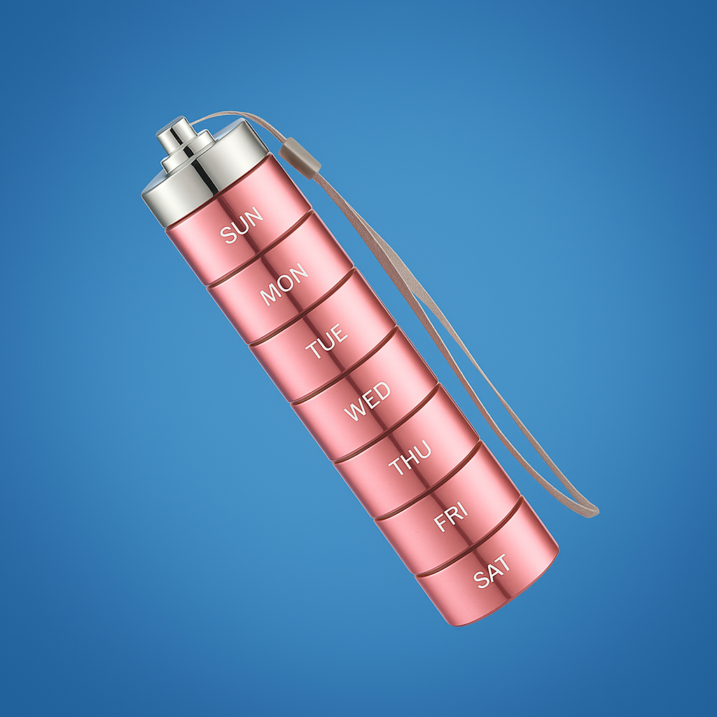 DoseGuard | Weekly Pill Organiser – Moisture-Proof Metal Case – 7-Day Clear Label Design – Travel Friendly for Adults & Seniors