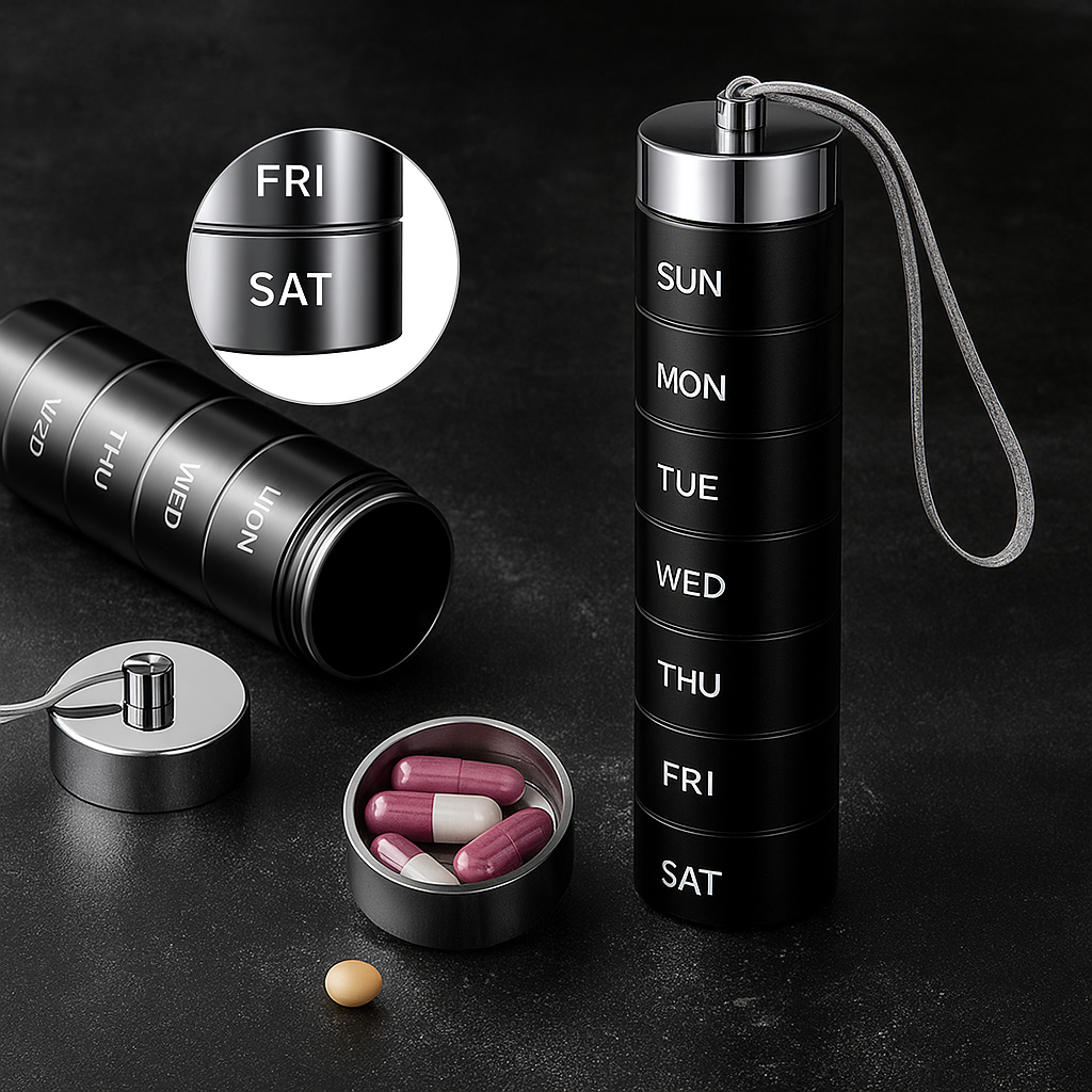 DoseGuard | Weekly Pill Organiser – Moisture-Proof Metal Case – 7-Day Clear Label Design – Travel Friendly for Adults & Seniors