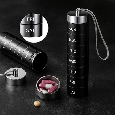 DoseGuard | Weekly Pill Organiser – Moisture-Proof Metal Case – 7-Day Clear Label Design – Travel Friendly for Adults & Seniors