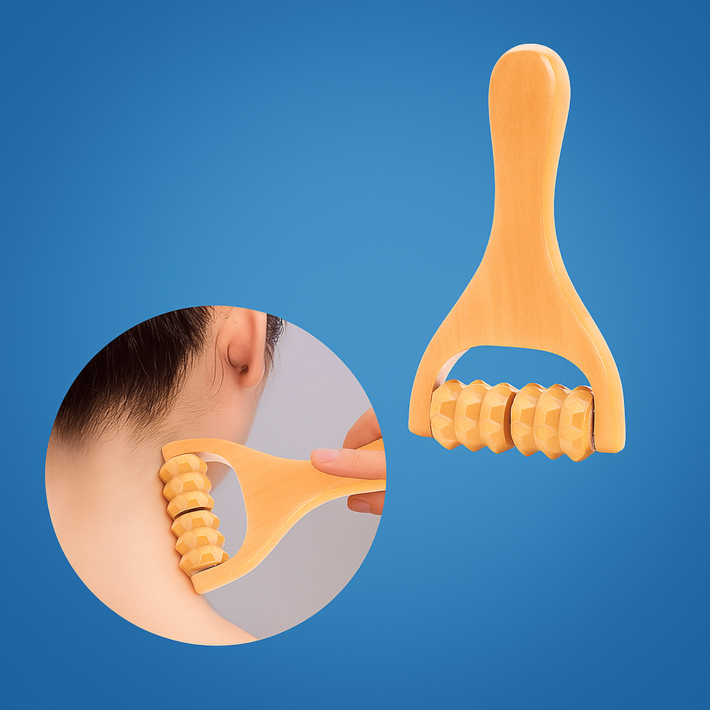 WoodEase | Handheld Massage Roller – Deep Muscle Relief – Natural Wood Finish – Back Legs & Arms