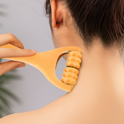 WoodEase | Handheld Massage Roller – Deep Muscle Relief – Natural Wood Finish – Back Legs & Arms