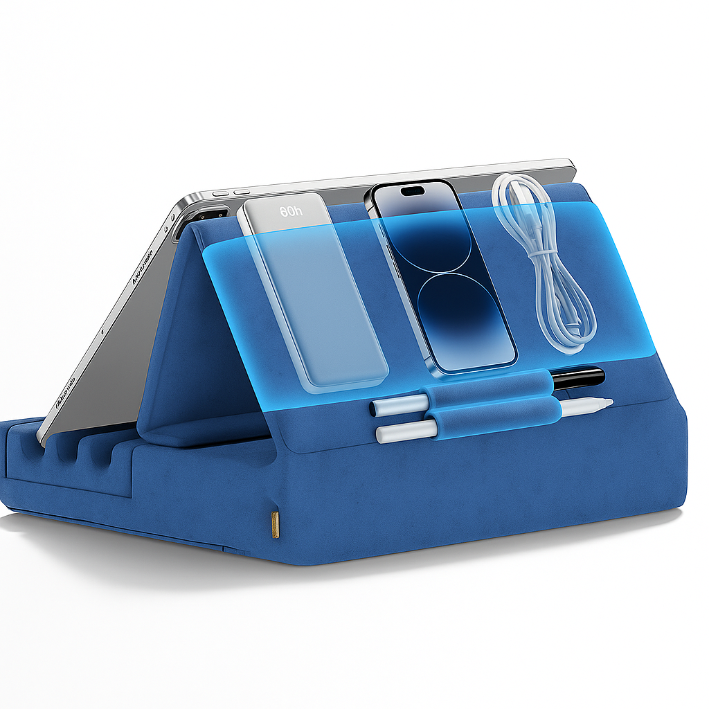 ViewEase | Foldable Tablet Pillow Stand – Adjustable Hands-Free Holder – Soft Cushioned Support with Pocket – Home & Travel Use