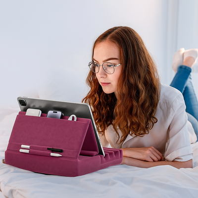 ViewEase | Foldable Tablet Pillow Stand – Adjustable Hands-Free Holder – Soft Cushioned Support with Pocket – Home & Travel Use