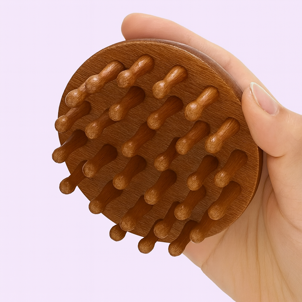 CalmCrown | Scalp Massager Comb – Stress-Relief & Hair Health – Natural Sandalwood Wide-Tooth – Home Office Travel Use