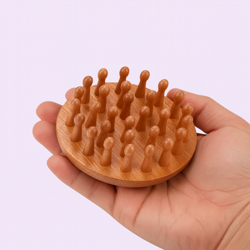 CalmCrown | Scalp Massager Comb – Stress-Relief & Hair Health – Natural Sandalwood Wide-Tooth – Home Office Travel Use