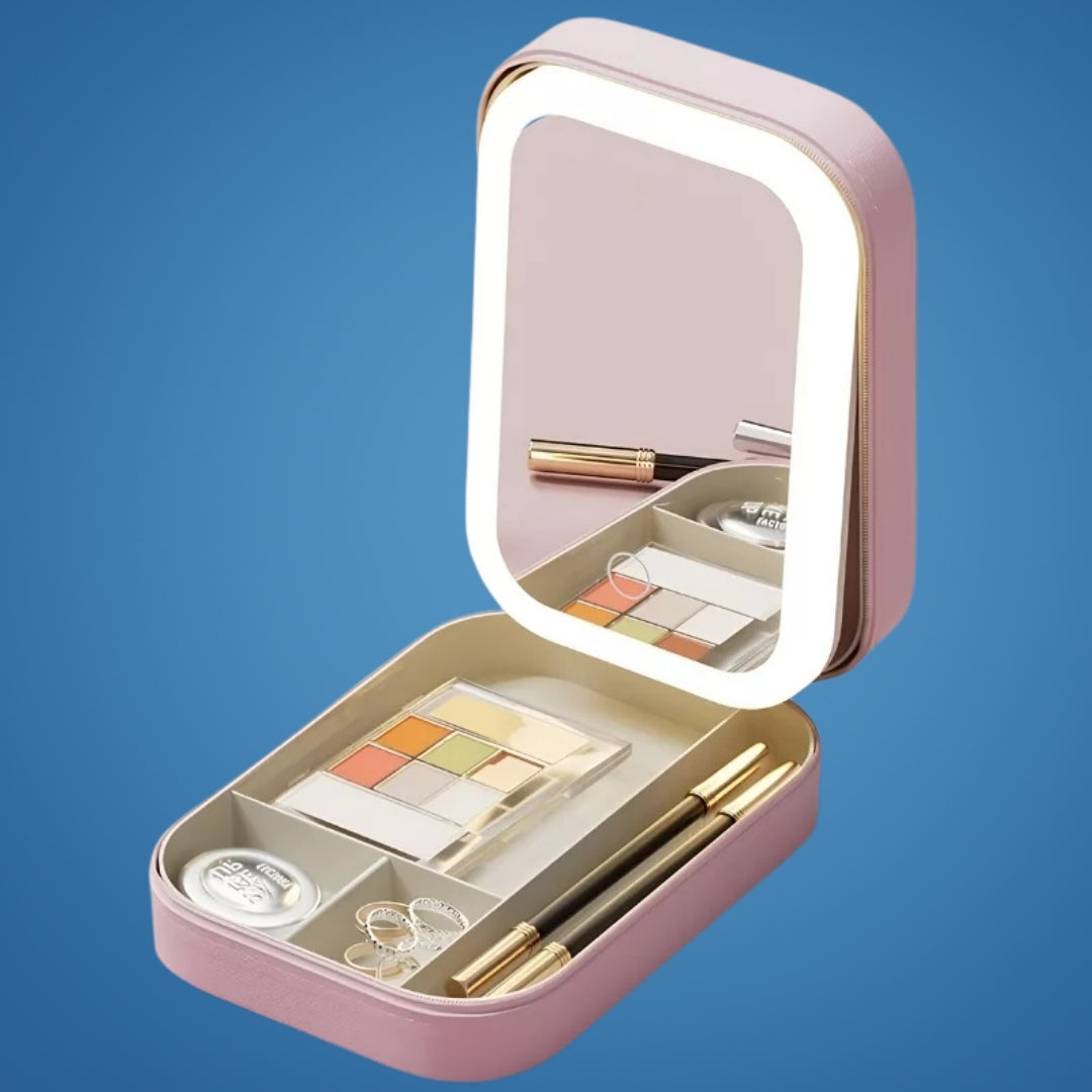 GlowSpace | Makeup Storage Box – LED Light Mirror – Adjustable Angle – Organiser for Beauty Lovers – Bright Lighting for Flawless Look