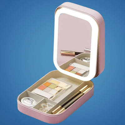 GlowSpace | Makeup Storage Box – LED Light Mirror – Adjustable Angle – Organiser for Beauty Lovers – Bright Lighting for Flawless Look