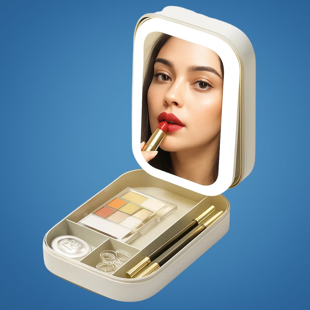 GlowSpace | Makeup Storage Box – LED Light Mirror – Adjustable Angle – Organiser for Beauty Lovers – Bright Lighting for Flawless Look