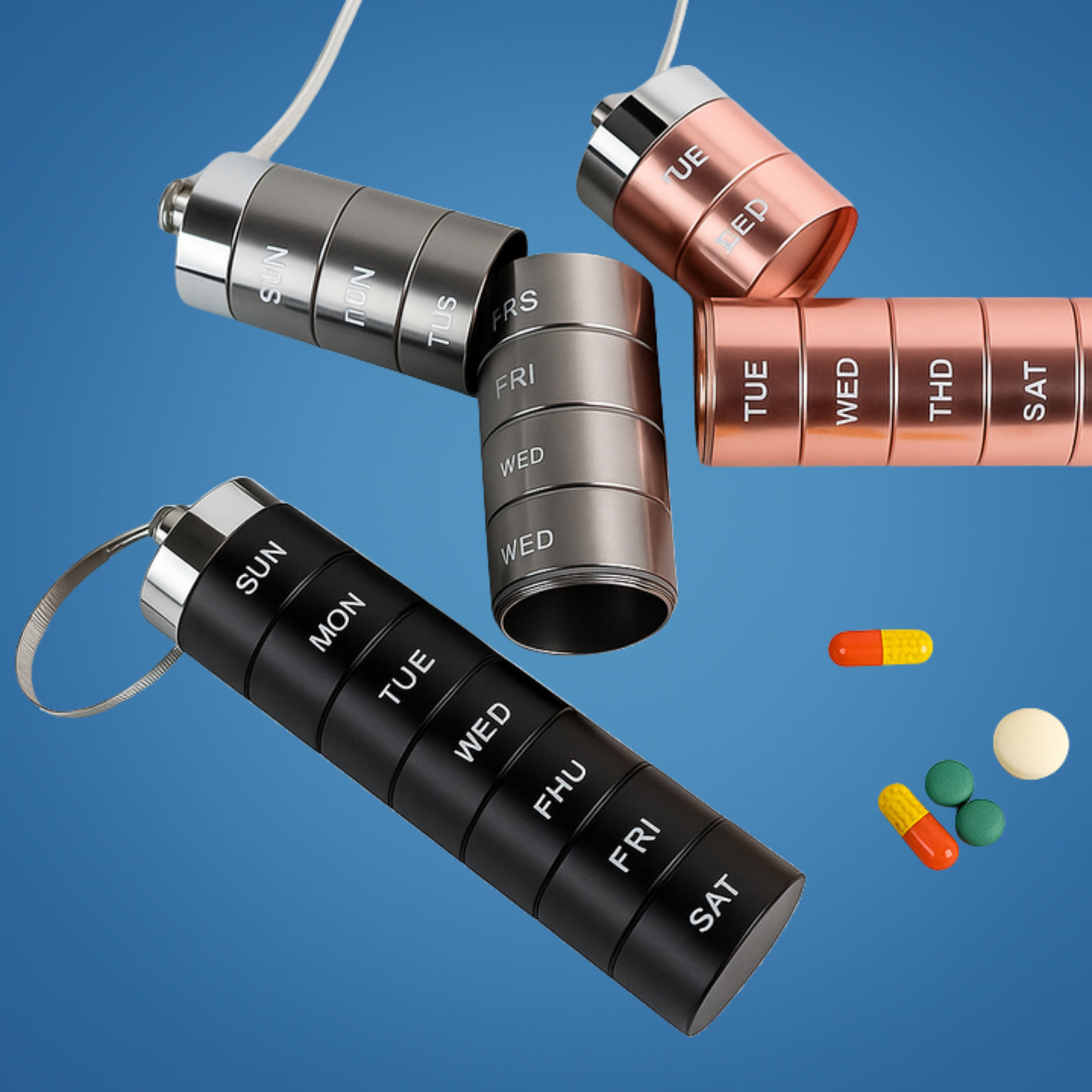 DoseGuard | Weekly Pill Organiser – Moisture-Proof Metal Case – 7-Day Clear Label Design – Travel Friendly for Adults & Seniors