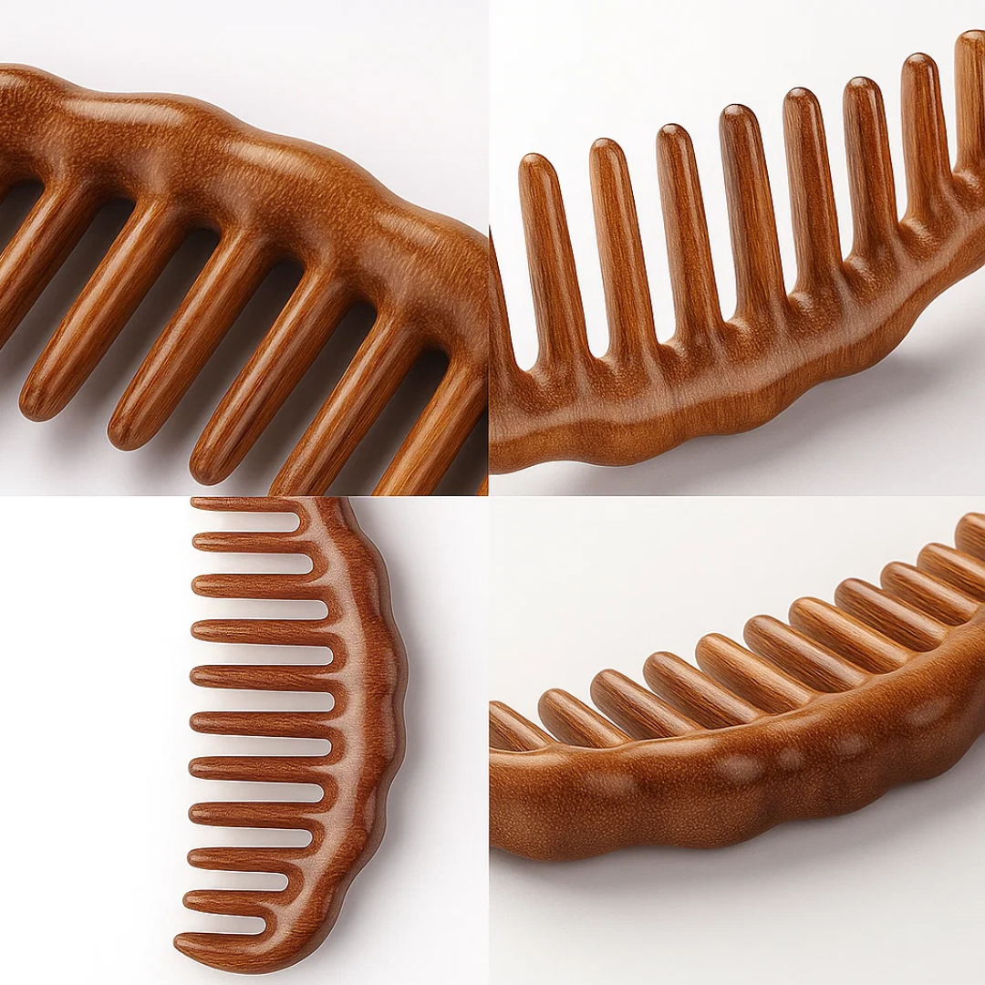 SandalSilk | Wooden Wide-Tooth Hair Comb – Breakage-Free Detangling – Golden Sandalwood – Anti-Static – Gentle Scalp Massage – Healthy Shine