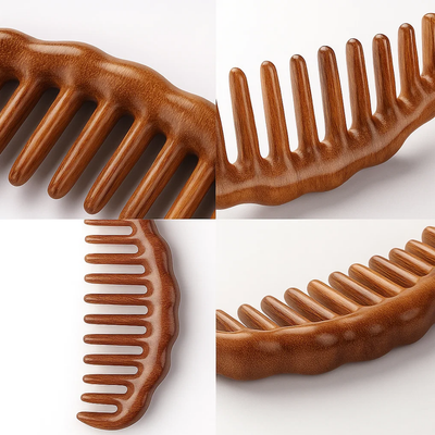 SandalSilk | Wooden Wide-Tooth Hair Comb – Breakage-Free Detangling – Golden Sandalwood – Anti-Static – Gentle Scalp Massage – Healthy Shine