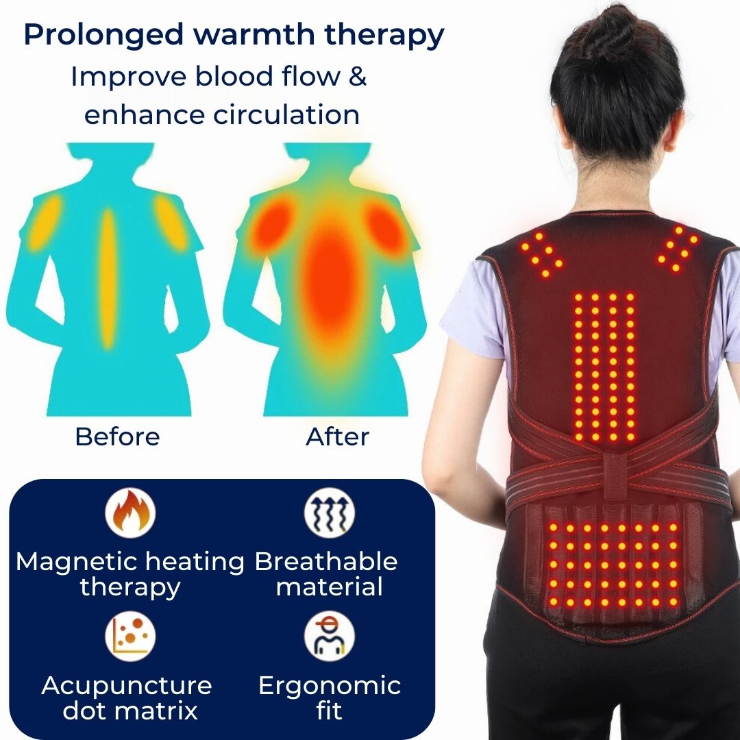 MagniTherm Self-Heating Back Support | Adjustable Heated Posture Corrector - Back Pain Relief - Posture Improvement