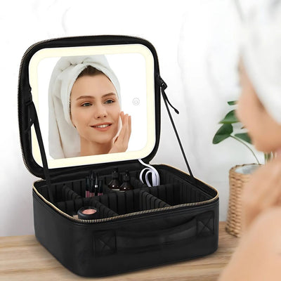GlamOrganize | Makeup & Toiletry Bag - Cosmetic Organiser - LED Mirror - Compact Storage for Makeup and Skincare - Travel-Friendly