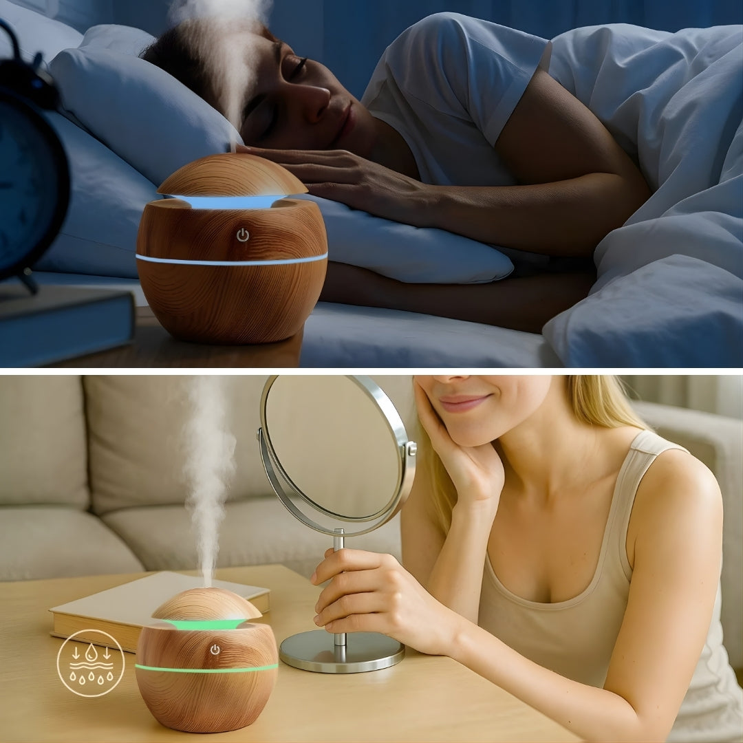 CalmaMist | Essential Oil Diffuser Humidifier – Gentle Quiet Mist & LED Night-Light – Wood Finish – Relieve Dry Air Improve Sleep Boost Comfort
