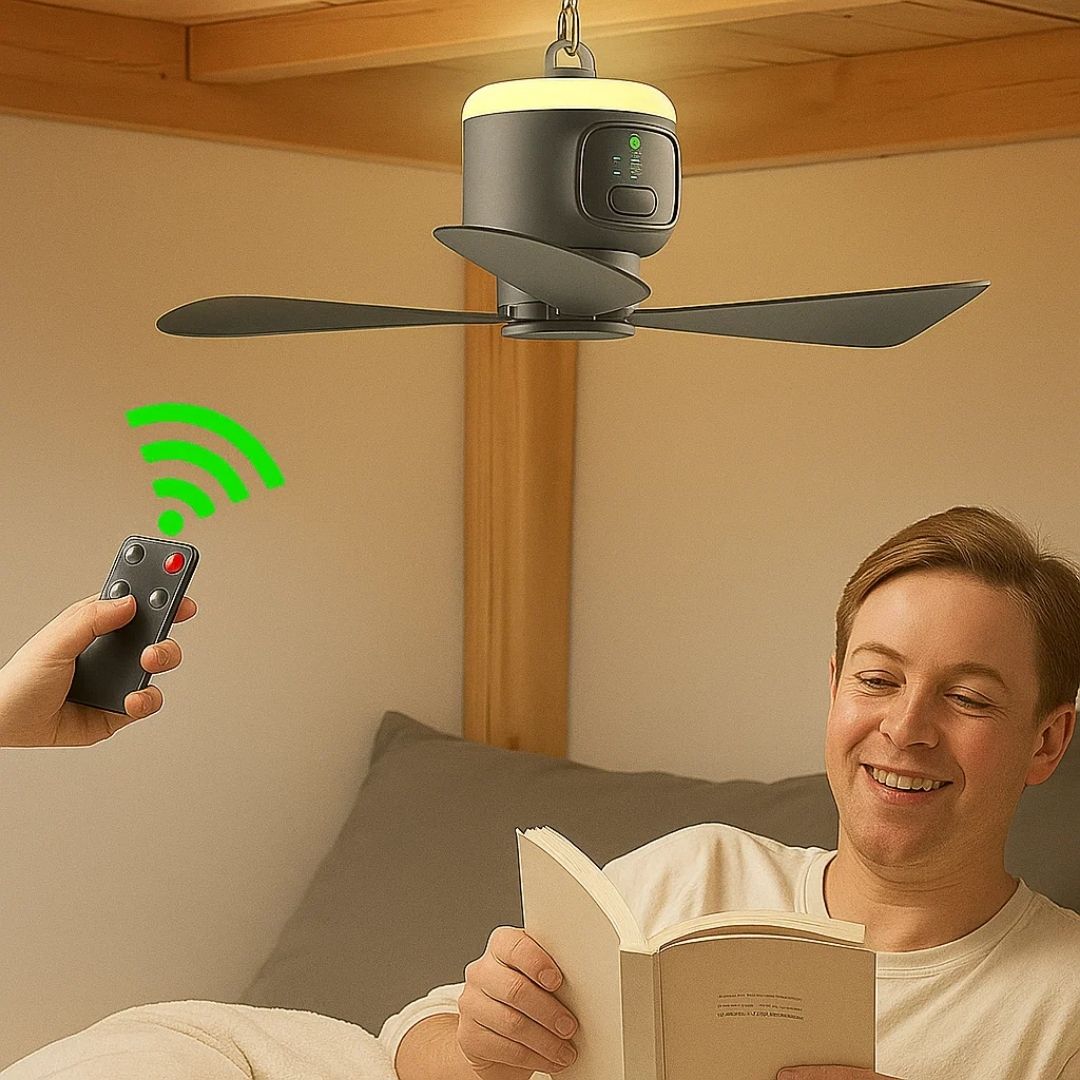 AirGlide | Portable Remote-Control Ceiling Fan with Light – Battery-Powered 30h – Quiet Cooling Comfort – Ideal for Home Camping Travel
