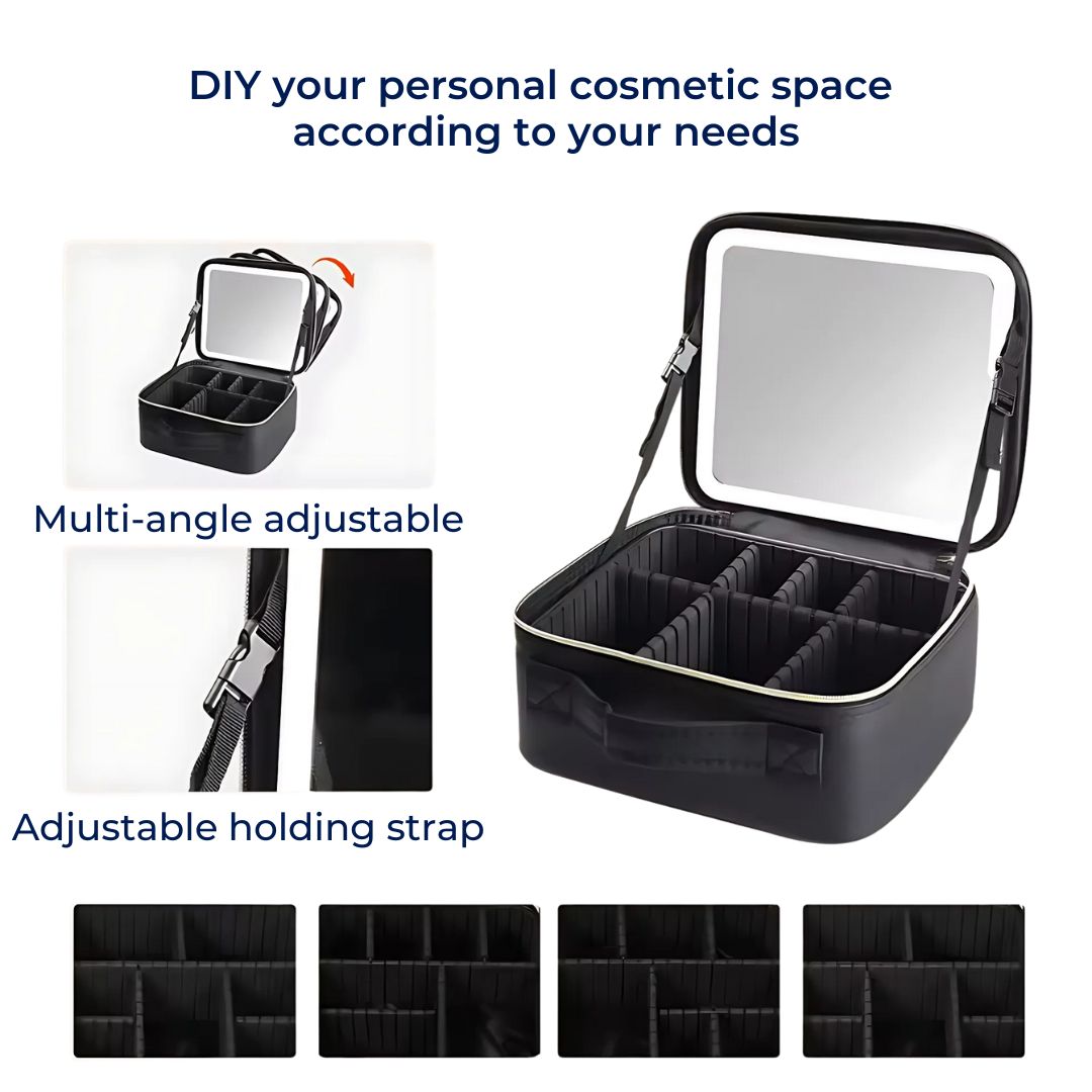 GlamOrganize | Makeup & Toiletry Bag - Cosmetic Organiser - LED Mirror - Compact Storage for Makeup and Skincare - Travel-Friendly