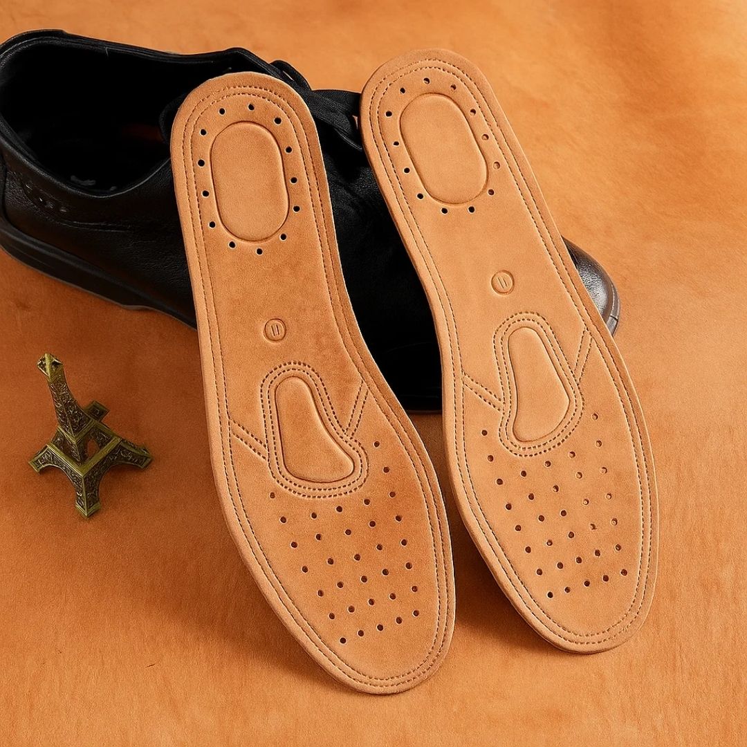 StrideGuard | Shock Absorbing Leather Insoles – Foot & Heel Pain Relief – Genuine Leather Arch Support – All-Day Standing & Walking