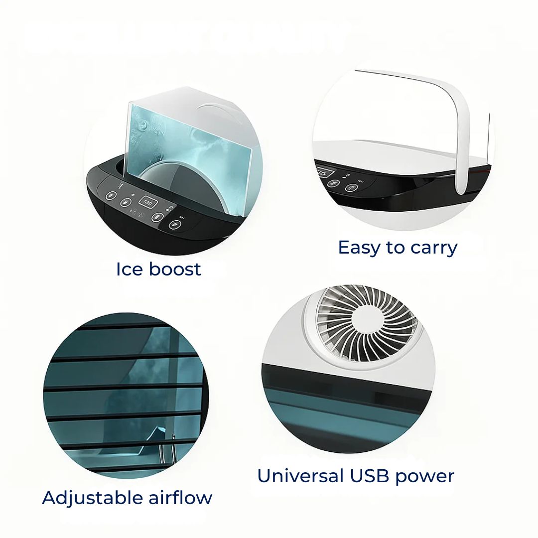 CoolEase | Portable Air Cooler – Quiet 12W Cooling Fan – 900ml Tank – Energy Saving – Bedroom Desk Use – Fast Cooling – Sleep Comfort