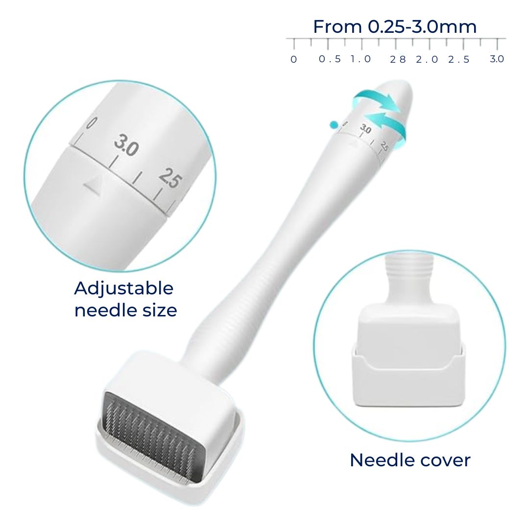 RevitaGlow | Microneedling Derma Stamp – Adjustable Depth – 140 Needles – Skin & Hair Rejuvenation