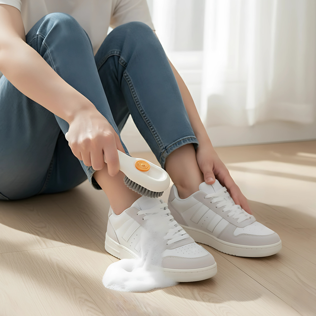 CleanStride | Trainer Cleaning Brush – Built-in Soap Dispenser – Soft Non-Scratch Bristles – Quick Shoe Cleaning – Protects Delicate Materials