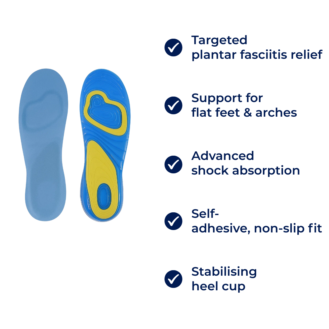 StrideEase | Arch Support Gel Insoles – Plantar Fasciitis Relief – Self-Adhesive Gel Cushioning – Everyday Comfort for Flat-Footed Walkers
